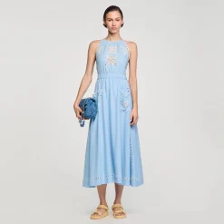 Robes*SANDRO Robe Longue à Broderies Anglaises Bleu Ciel