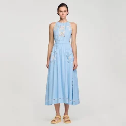 Robes*SANDRO Robe Longue à Broderies Anglaises Bleu Ciel