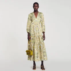 Robes*SANDRO Robe Longue à Imprimé Foulard Ecru / Vert