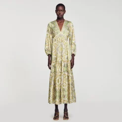 Robes*SANDRO Robe Longue à Imprimé Foulard Ecru / Vert