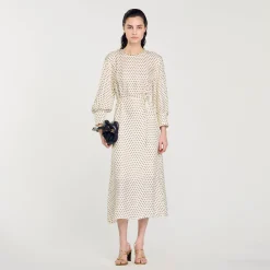 Robes*SANDRO Robe Longue à Pois Ecru / Noir