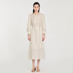Robes*SANDRO Robe Longue à Pois Ecru / Noir