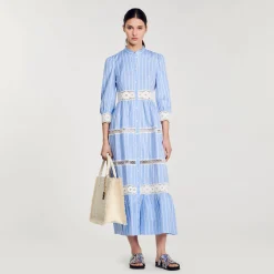 Robes*SANDRO Robe Longue à Rayures En Coton Bleu / Blanc