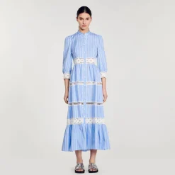 Robes*SANDRO Robe Longue à Rayures En Coton Bleu / Blanc