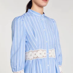 Robes*SANDRO Robe Longue à Rayures En Coton Bleu / Blanc