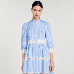 Robes*SANDRO Robe Longue à Rayures En Coton Bleu / Blanc