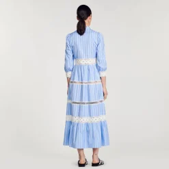 Robes*SANDRO Robe Longue à Rayures En Coton Bleu / Blanc