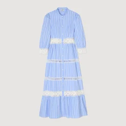 Robes*SANDRO Robe Longue à Rayures En Coton Bleu / Blanc