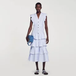 Robes*SANDRO Robe Longue à Volants Bleu / Blanc