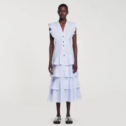 Robes*SANDRO Robe Longue à Volants Bleu / Blanc