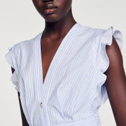 Robes*SANDRO Robe Longue à Volants Bleu / Blanc
