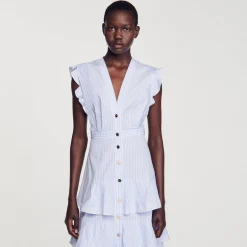 Robes*SANDRO Robe Longue à Volants Bleu / Blanc