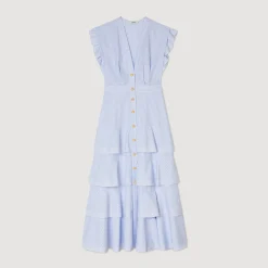 Robes*SANDRO Robe Longue à Volants Bleu / Blanc