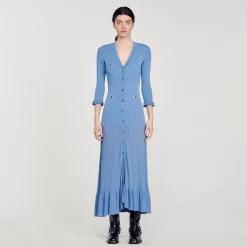 Robes*SANDRO Robe Longue En Maille Bleu