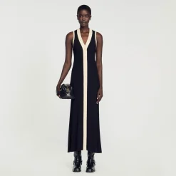 Robes*SANDRO Robe Longue En Maille Noir / Ecru