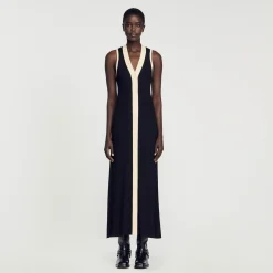 Robes*SANDRO Robe Longue En Maille Noir / Ecru