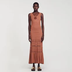 Robes*SANDRO Robe Longue En Maille Marron