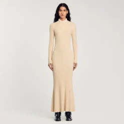 Robes*SANDRO Robe Longue En Maille Beige