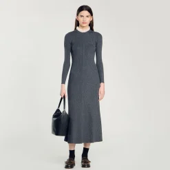 Robes*SANDRO Robe Longue En Maille Gris Foncé