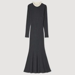 Robes*SANDRO Robe Longue En Maille Gris Foncé