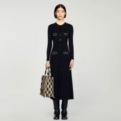 Robes*SANDRO Robe Longue En Maille Côtelée Noir