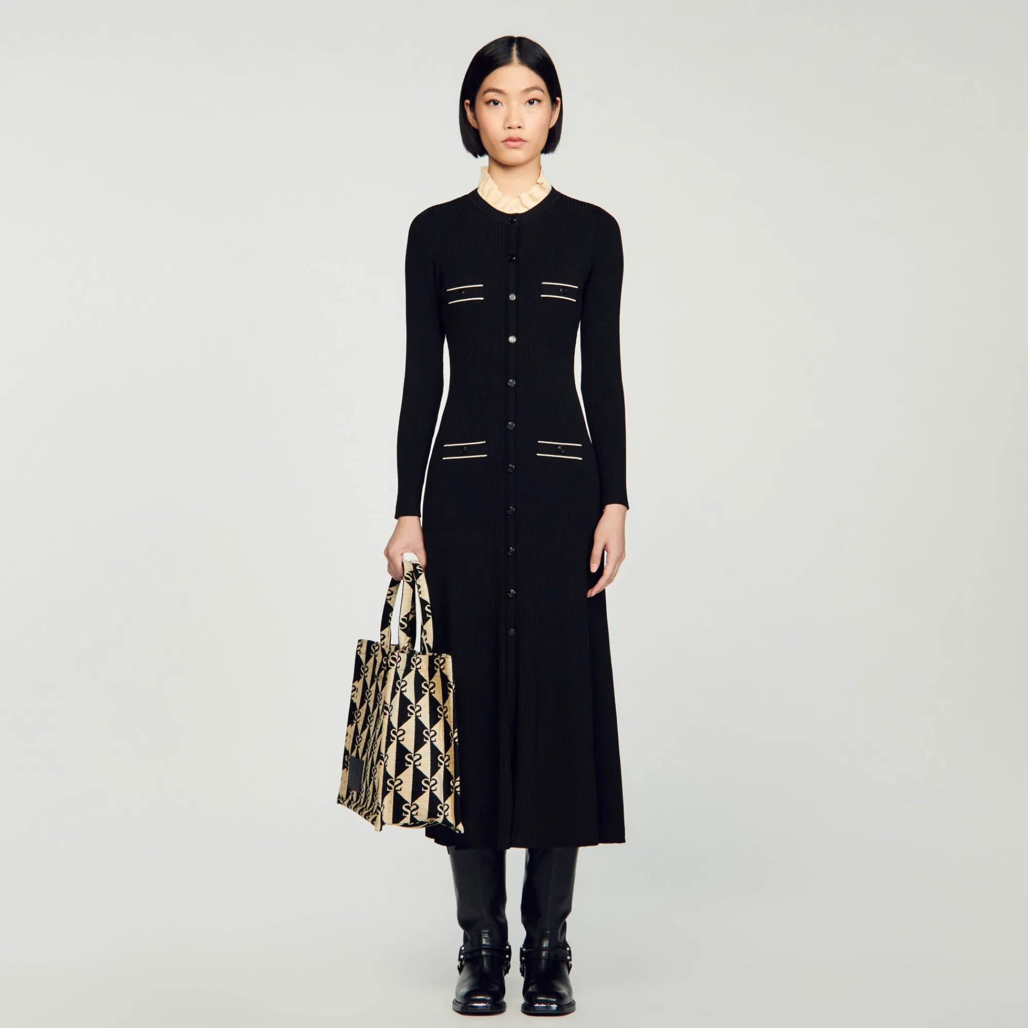 Robes*SANDRO Robe Longue En Maille Côtelée Noir