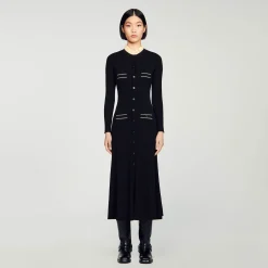 Robes*SANDRO Robe Longue En Maille Côtelée Noir