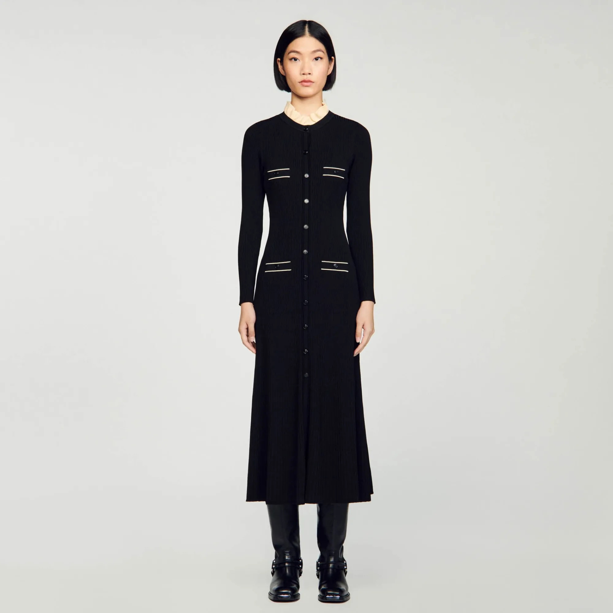 Robes*SANDRO Robe Longue En Maille Côtelée Noir