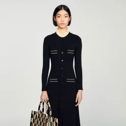 Robes*SANDRO Robe Longue En Maille Côtelée Noir