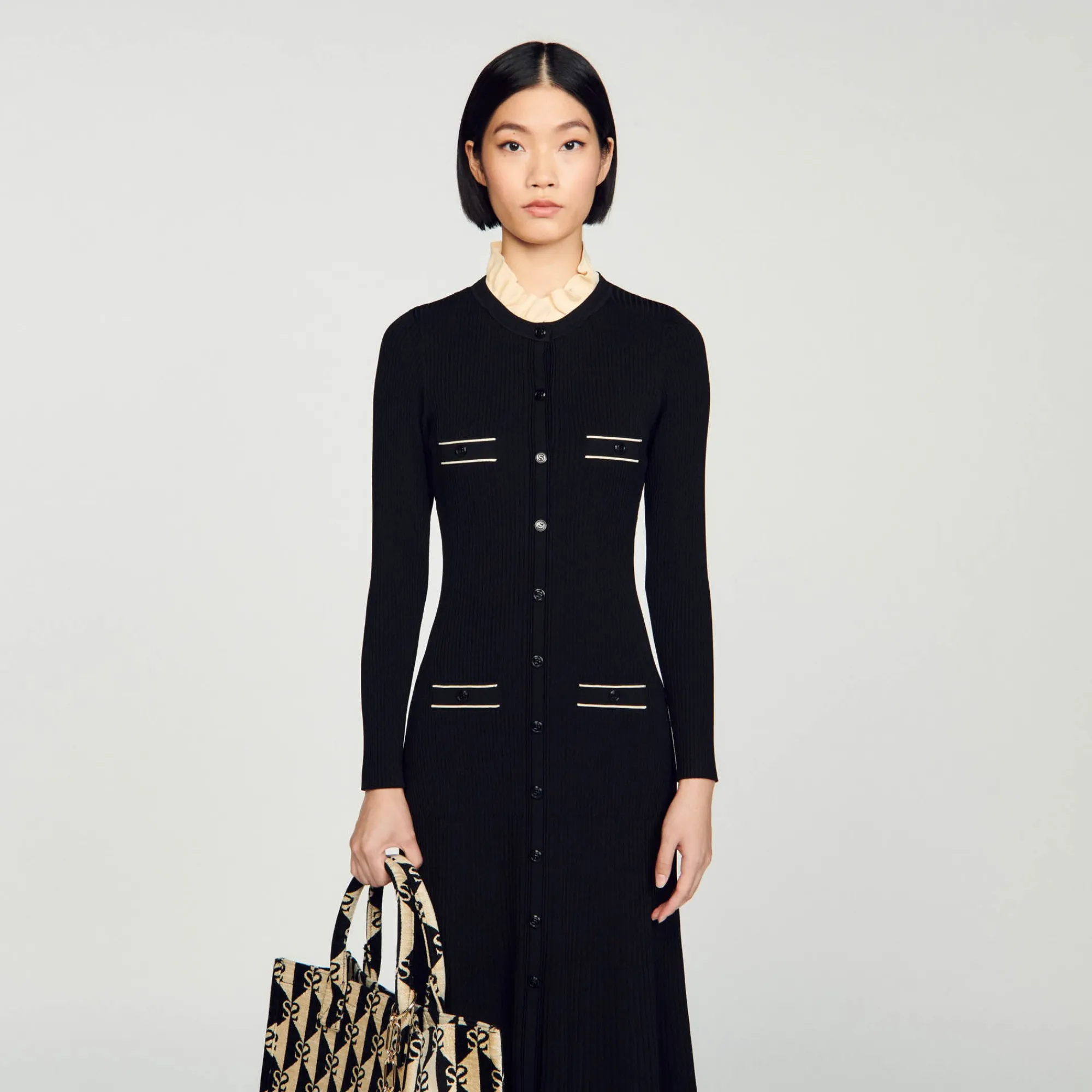 Robes*SANDRO Robe Longue En Maille Côtelée Noir