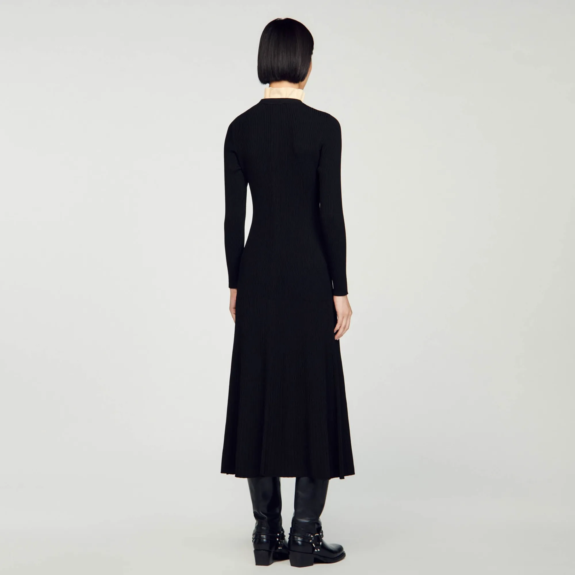 Robes*SANDRO Robe Longue En Maille Côtelée Noir