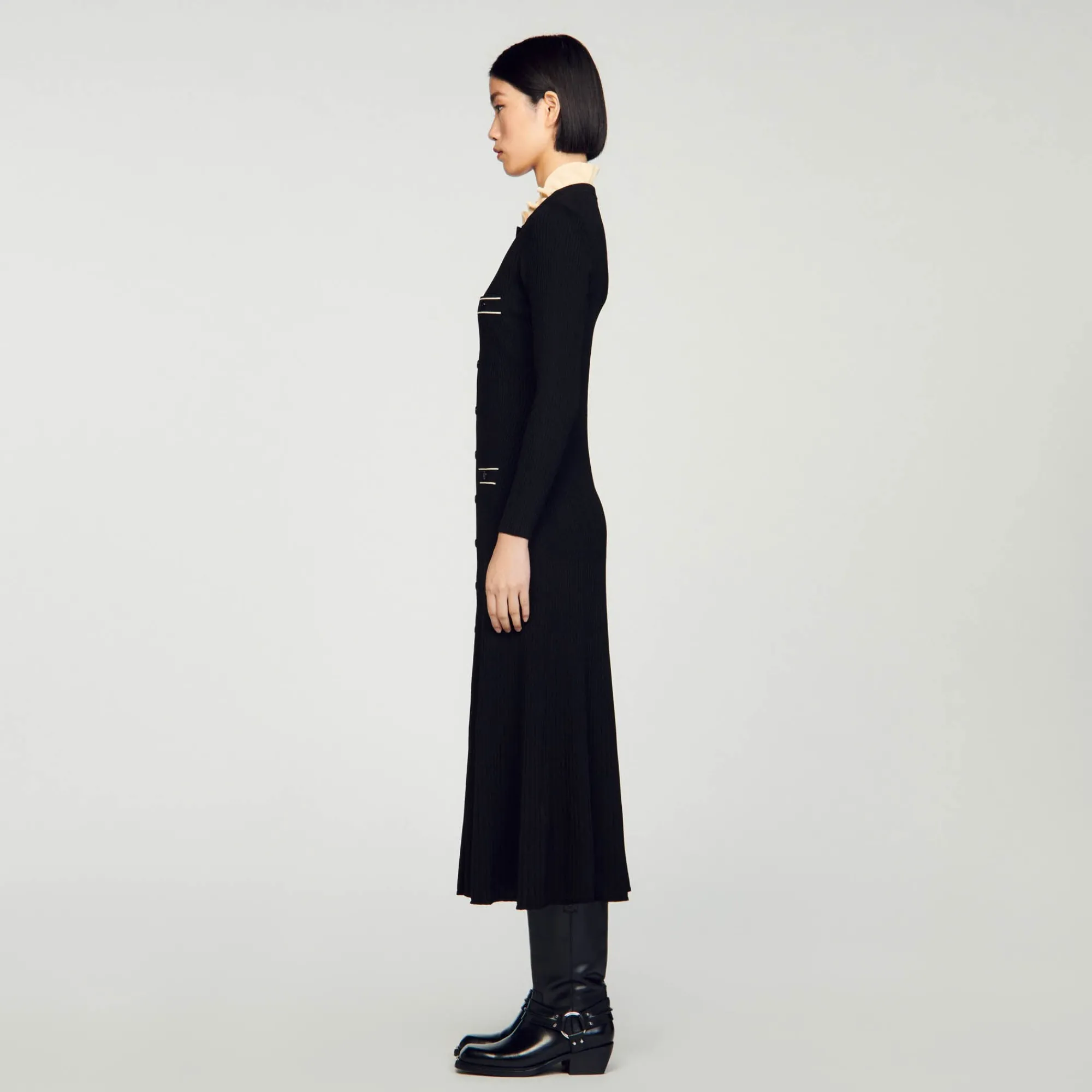 Robes*SANDRO Robe Longue En Maille Côtelée Noir