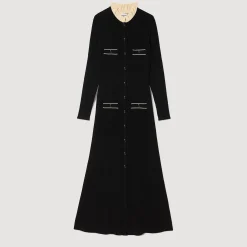Robes*SANDRO Robe Longue En Maille Côtelée Noir