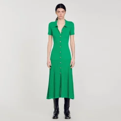 Robes*SANDRO Robe Longue En Maille Côtelée Vert