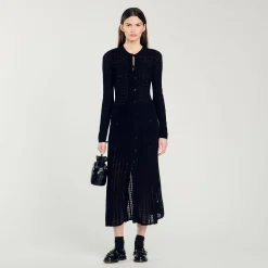 Robes*SANDRO Robe Longue En Maille Effet Velours Noir