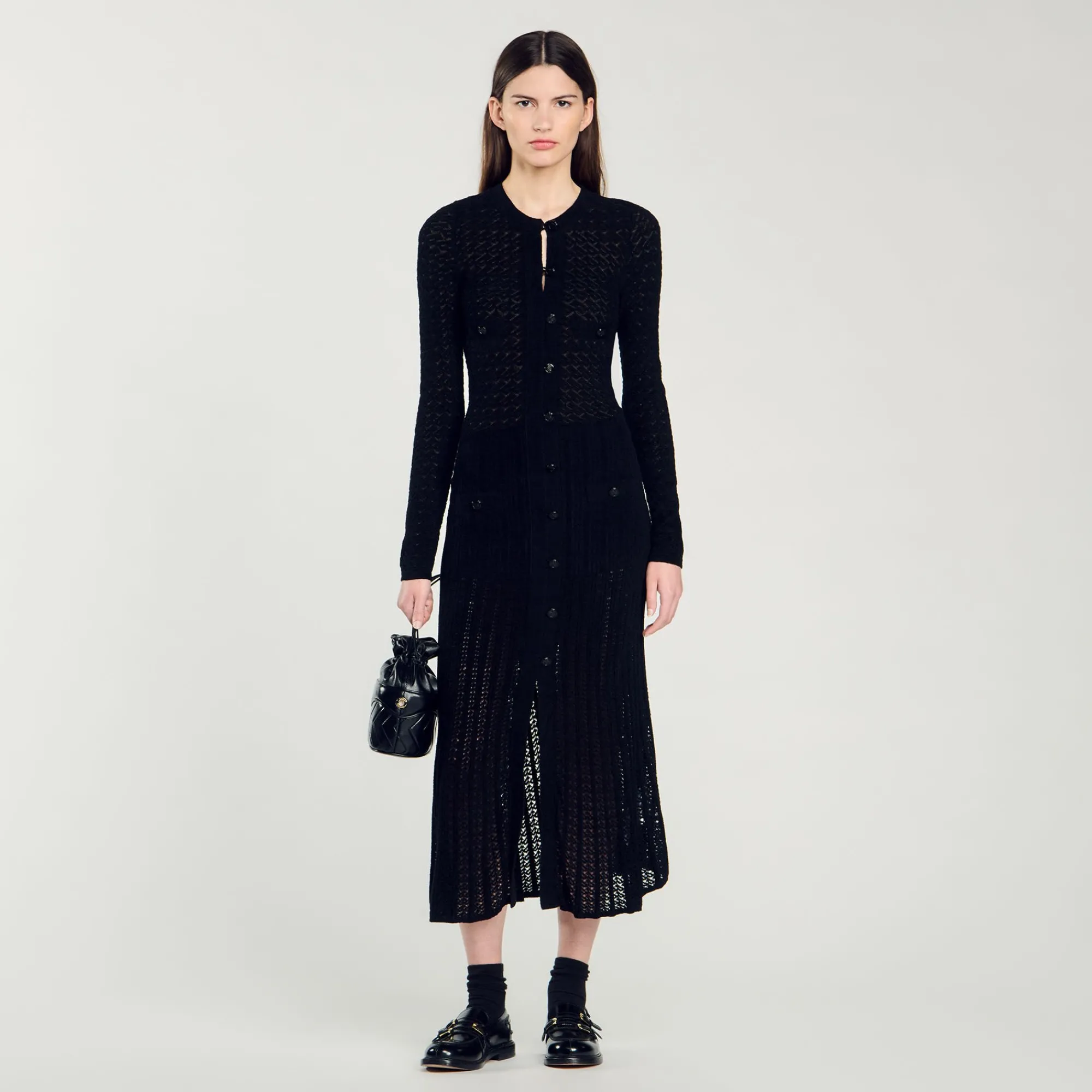 Robes*SANDRO Robe Longue En Maille Effet Velours Noir