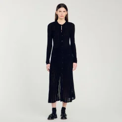 Robes*SANDRO Robe Longue En Maille Effet Velours Noir