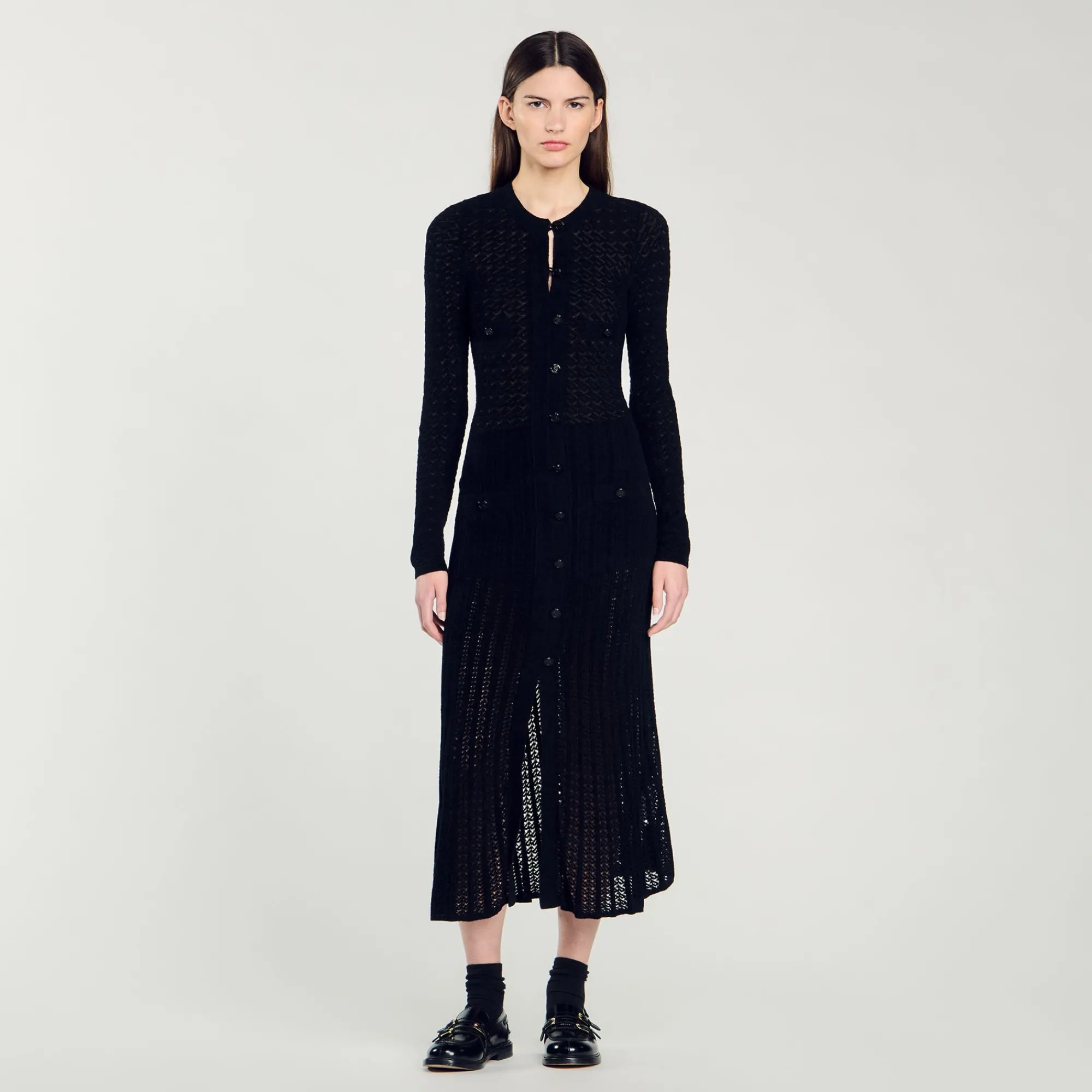 Robes*SANDRO Robe Longue En Maille Effet Velours Noir