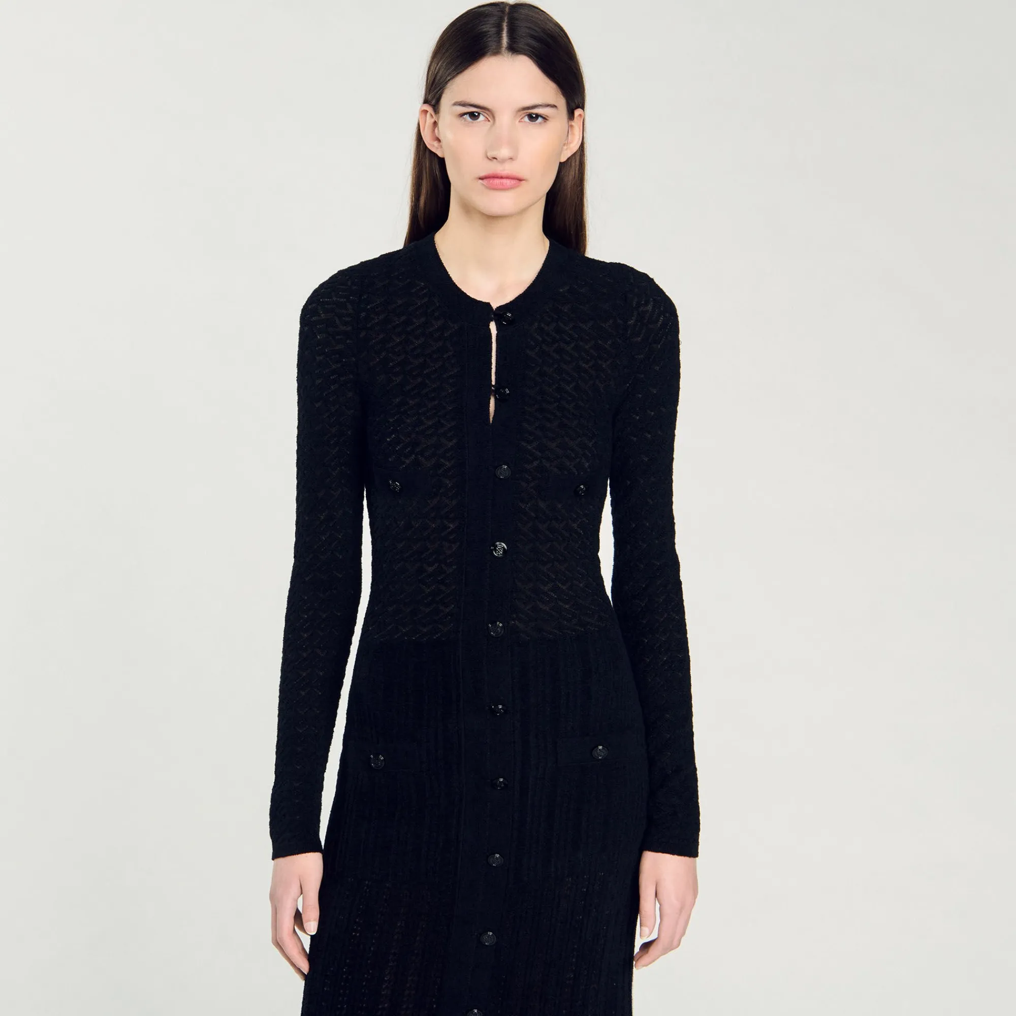 Robes*SANDRO Robe Longue En Maille Effet Velours Noir