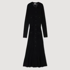Robes*SANDRO Robe Longue En Maille Effet Velours Noir