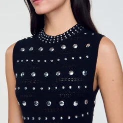 Robes*SANDRO Robe Longue En Maille Ornée De Studs Noir