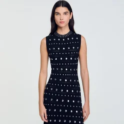 Robes*SANDRO Robe Longue En Maille Ornée De Studs Noir