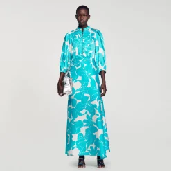 Robes*SANDRO Robe Longue Fluide à Imprimé Fleuri Turquoise / Blanc