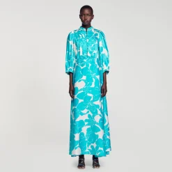 Robes*SANDRO Robe Longue Fluide à Imprimé Fleuri Turquoise / Blanc