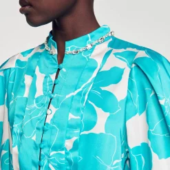 Robes*SANDRO Robe Longue Fluide à Imprimé Fleuri Turquoise / Blanc