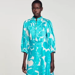 Robes*SANDRO Robe Longue Fluide à Imprimé Fleuri Turquoise / Blanc