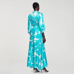 Robes*SANDRO Robe Longue Fluide à Imprimé Fleuri Turquoise / Blanc