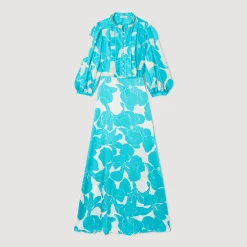 Robes*SANDRO Robe Longue Fluide à Imprimé Fleuri Turquoise / Blanc