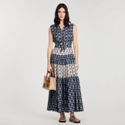 Robes*SANDRO Robe Longue Imprimé Paisley Marine / Beige
