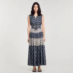 Robes*SANDRO Robe Longue Imprimé Paisley Marine / Beige